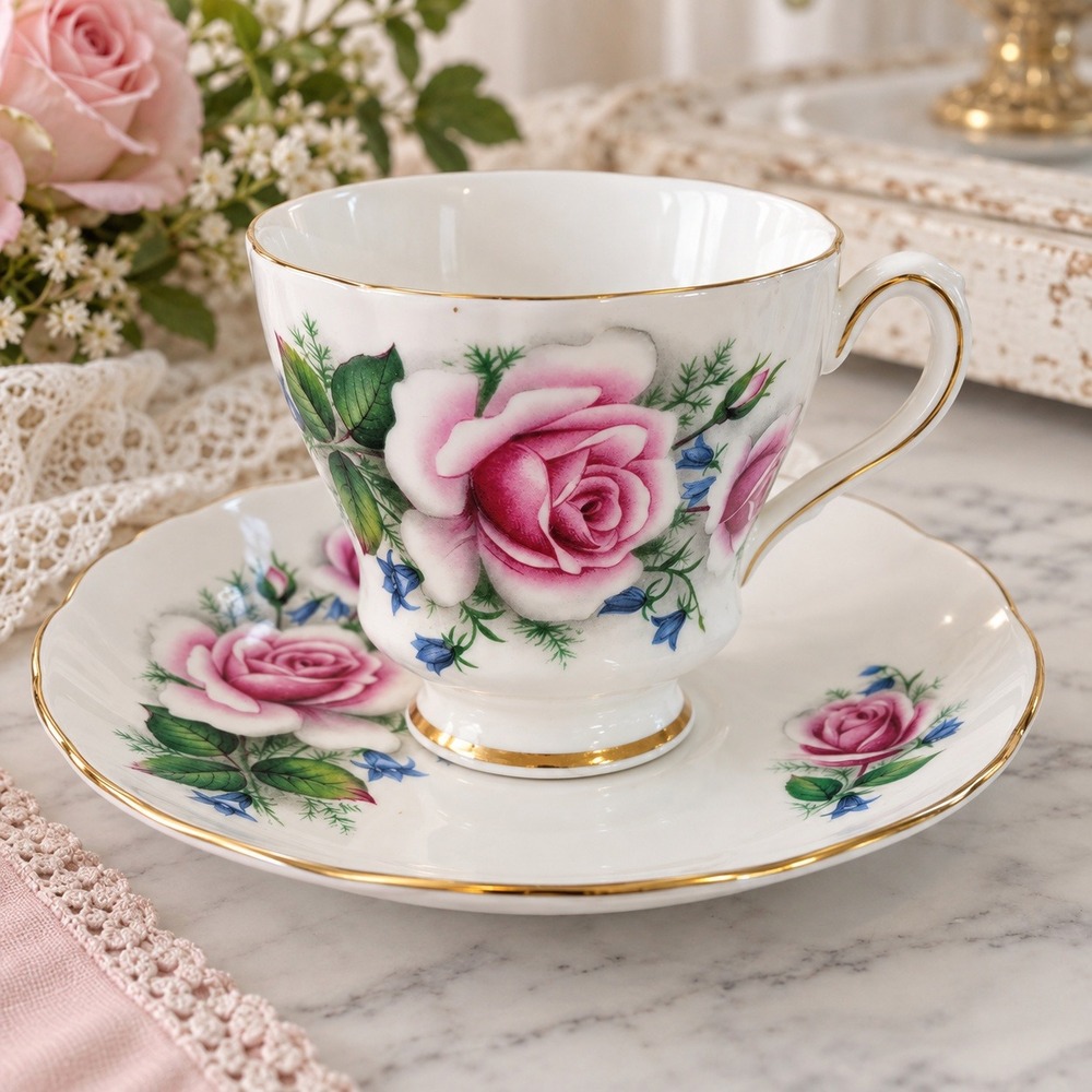 Royal Grafton Fine Bone China Teacup Saucer Pink Rose Floral Gold Trim England